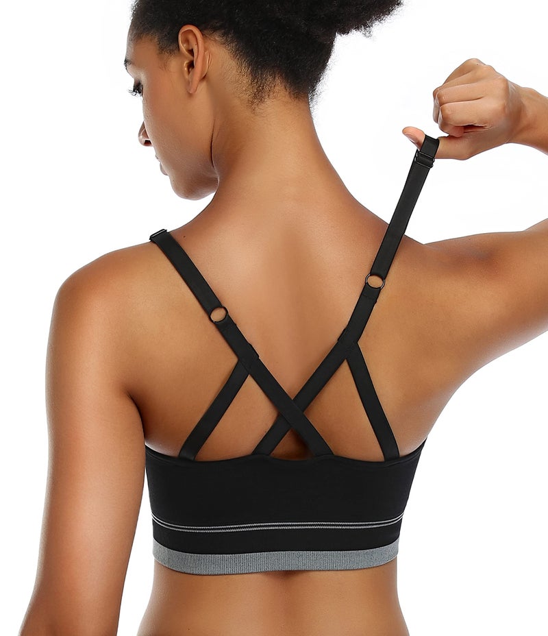 ANGOOL Strappy Sports Bra for Women, Longline Medium Support Yoga Bra Wirefree Padded Sports Bra with Adjustable Straps Black - Image 1